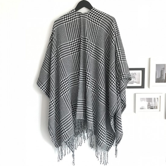 European and American spring, autumn and winter black and white checkered split large shawl, faux cashmere large jacquard tassel split shawl European and American spring, autumn and winter black and white checkered split large shawl, faux cashmere large jacquard tassel split shawl