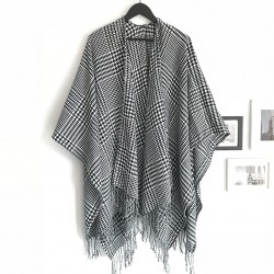 European and American spring, autumn and winter black and white checkered split large shawl, faux cashmere large jacquard tassel split shawl