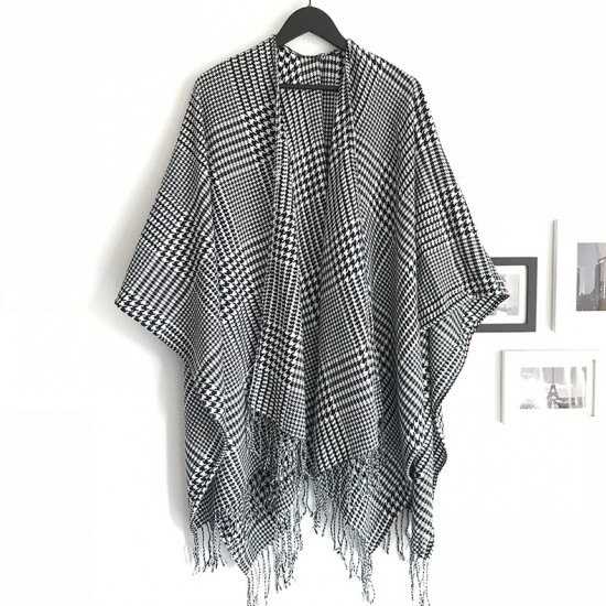 European and American spring, autumn and winter black and white checkered split large shawl, faux cashmere large jacquard tassel split shawl European and American spring, autumn and winter black and white checkered split large shawl, faux cashmere large jacquard tassel split shawl