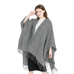 European and American spring, autumn and winter black and white checkered split large shawl, faux cashmere large jacquard tassel split shawl