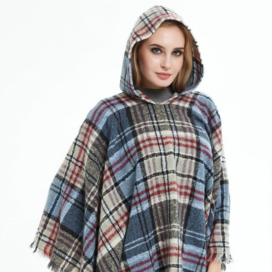 Factory direct sales of new export capes, European and American spring, autumn and winter new tweed pullover checkered hooded cape shawls Factory direct sales of new export capes, European and American spring, autumn and winter new tweed pullover checkered hooded cape shawls
