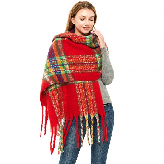 New autumn and winter style European and American loop yarn polyester women's warm thickened thick beard, thick tassel and fine checkered scarf for foreign trade