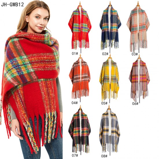 New autumn and winter style European and American loop yarn polyester women's warm thickened thick beard, thick tassel and fine checkered scarf for foreign trade