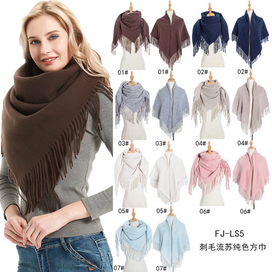 Factory direct supply of European and American style autumn and winter men's and women's full polyester knitted solid color fringed square scarves and scarves wholesale Factory direct supply of European and American style autumn and winter men's and women's full polyester knitted solid color fringed square scarves and scarves wholesale