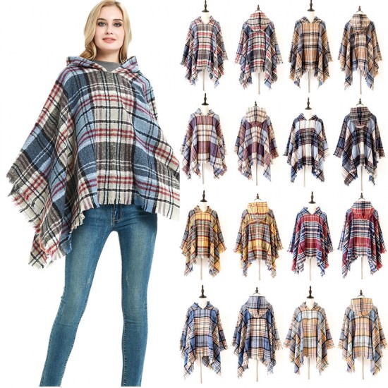Factory direct sales of new export capes, European and American spring, autumn and winter new tweed pullover checkered hooded cape shawls Factory direct sales of new export capes, European and American spring, autumn and winter new tweed pullover checkered hooded cape shawls