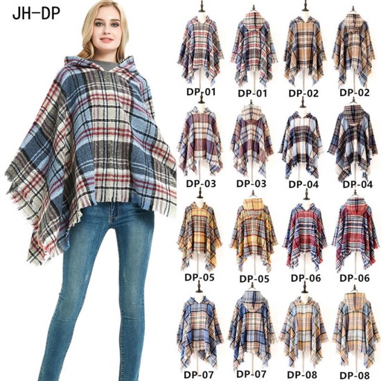 Factory direct sales of new export capes, European and American spring, autumn and winter new tweed pullover checkered hooded cape shawls Factory direct sales of new export capes, European and American spring, autumn and winter new tweed pullover checkered hooded cape shawls