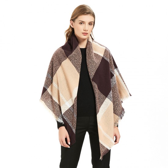 Amazon's hot autumn and winter new style European and American loop yarn shawl manufacturer blue fringed checkered square scarf