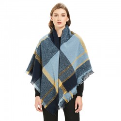 Amazon's hot autumn and winter new style European and American loop yarn shawl manufacturer blue fringed checkered square scarf