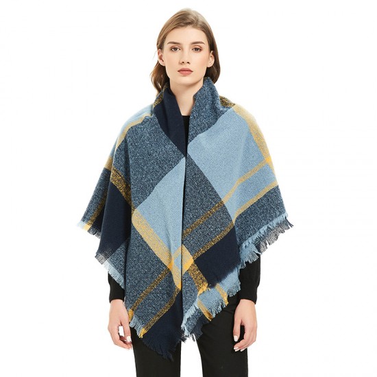 Amazon's hot autumn and winter new style European and American loop yarn shawl manufacturer blue fringed checkered square scarf