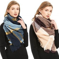 Amazon's hot autumn and winter new style European and American loop yarn shawl manufacturer blue fringed checkered square scarf