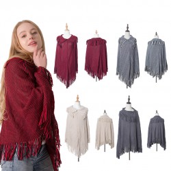 European and American autumn and winter warp knitted bat-sleeved lapel knitted sweater, women's fringed knitted sweater, pullover, cape and shawl