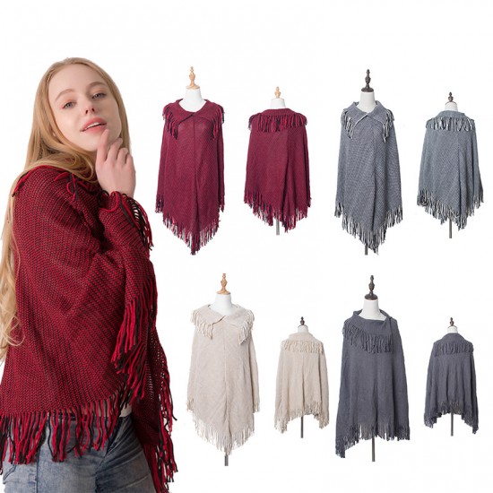European and American autumn and winter warp knitted bat-sleeved lapel knitted sweater, women's fringed knitted sweater, pullover, cape and shawl