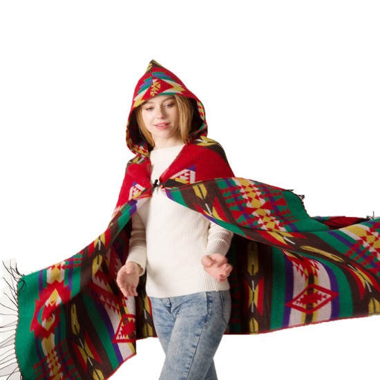 Autumn and winter new Yunnan horn-buckle ethnic style hooded cape shawl Bohemian ethnic style hooded shawl manufacturer