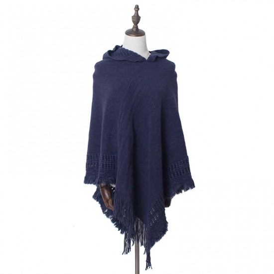 Foreign trade autumn and winter new knitted hooded cape shawl, monochrome pullover cape knitted sweater, hooded large shawl manufacturer Foreign trade autumn and winter new knitted hooded cape shawl, monochrome pullover cape knitted sweater, hooded large shawl manufacturer