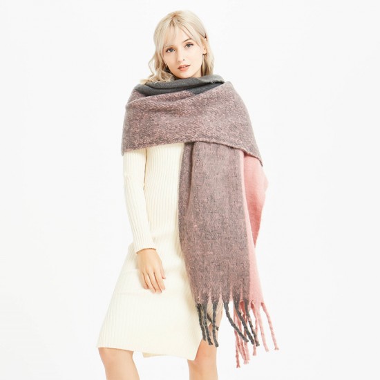European and American thick tassel loop gauze color-blocked scarf, solid color shawl for women, thickened two-color color-blocked warm scarf for autumn and winter European and American thick tassel loop gauze color-blocked scarf, solid color shawl for women, thickened two-color color-blocked warm scarf for autumn and winter