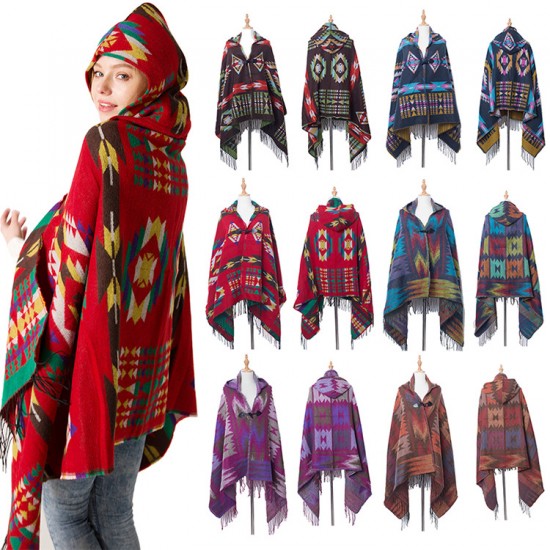 Autumn and winter new Yunnan horn-buckle ethnic style hooded cape shawl Bohemian ethnic style hooded shawl manufacturer