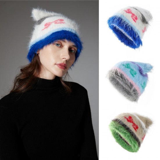 Cross-border foreign trade autumn and winter new style mink cute cat ear knitted hat, ear protectors, pilfered woolen hat manufacturer Cross-border foreign trade autumn and winter new style mink cute cat ear knitted hat, ear protectors, pilfered woolen hat manufacturer