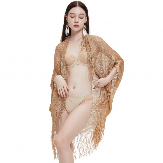 This is a new summer sunshade and sun protection cape from Europe and America. It is a golden, hollowed-out thin sleeve tassel shawl for women This is a new summer sunshade and sun protection cape from Europe and America. It is a golden, hollowed-out thin sleeve tassel shawl for women