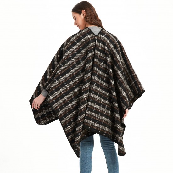 A new mid-to-high-end checkered thickened women's cape from Europe and America for autumn and winter, featuring a large acrylic slit checkered shawl A new mid-to-high-end checkered thickened women's cape from Europe and America for autumn and winter, featuring a large acrylic slit checkered shawl