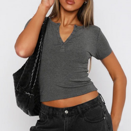 Di Yun 2025 Spring/Summer Cross-border European and American Y2K sexy ribbed slimming V-neck solid color knitted short-sleeved top T-shirt for women