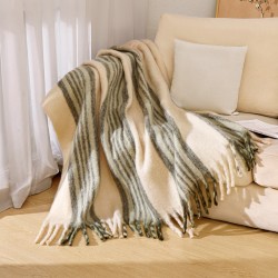 Export Europe and America autumn and winter loop yarn imitation mohair coarse beard green rice striped large shawl thickened plush blanket factory