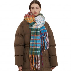 2023 New foreign trade European and American imitation mohair rainbow checkered scarf Women's winter scarf thickened warm shawl