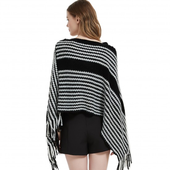 A popular European and American pullover cape shawl for spring, autumn and winter, a black striped knitted shawl A popular European and American pullover cape shawl for spring, autumn and winter, a black striped knitted shawl