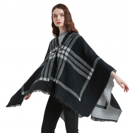 New European and American autumn and winter faux cashmere black and white checkered leather button-split shawl for women's capes manufacturer