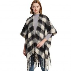 Amazon export European and American autumn and winter black checkered loop yarn imitation mohair thickened tassel shawl custom manufacturer