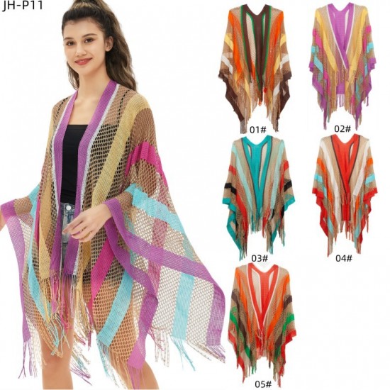 New women's cape with a travel ethnic style, rainbow stripes, summer sun protection, thin and openwork shawl from foreign trade premium products New women's cape with a travel ethnic style, rainbow stripes, summer sun protection, thin and openwork shawl from foreign trade premium products