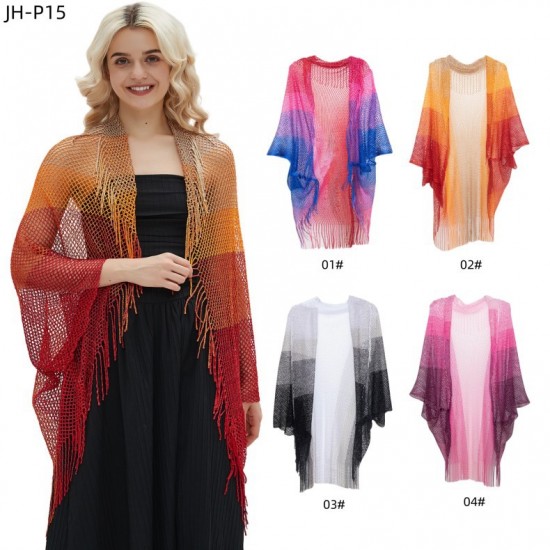 The manufacturer's new summer thin cuff shawl, a travel sun protection mesh knitted hollowed-out gradient tassel shawl The manufacturer's new summer thin cuff shawl, a travel sun protection mesh knitted hollowed-out gradient tassel shawl