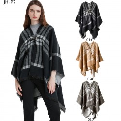 New European and American autumn and winter faux cashmere black and white checkered leather button-split shawl for women's capes manufacturer