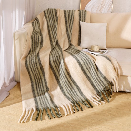 Export Europe and America autumn and winter loop yarn imitation mohair coarse beard green rice striped large shawl thickened plush blanket factory Export Europe and America autumn and winter loop yarn imitation mohair coarse beard green rice striped large shawl thickened plush blanket factory