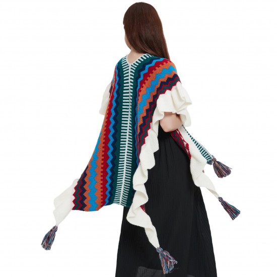 New style cape, European, American, spring, autumn and winter women's travel, ethnic style ruffled knitted shawl from the manufacturer New style cape, European, American, spring, autumn and winter women's travel, ethnic style ruffled knitted shawl from the manufacturer