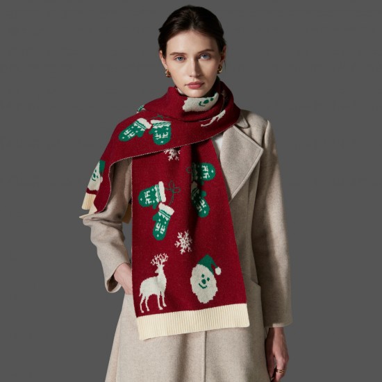Amazon Premium Cross-border trade European and American autumn and winter new red and green Christmas scarves, deer wool knitted scarves