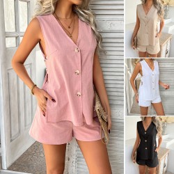 Di Yun 2025 Spring/Summer Cross-border European and American Casual Vacation Style cotton solid color cardigan, vest and short pants set women's clothing