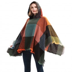 New large-checked women's pullover capes, hooded cloaks and shawls for spring, autumn and winter, directly supplied by the factory for export to Europe and America