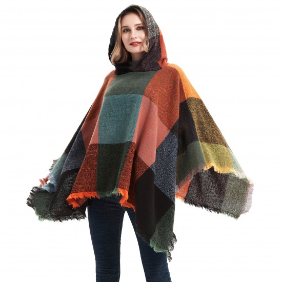 New large-checked women's pullover capes, hooded cloaks and shawls for spring, autumn and winter, directly supplied by the factory for export to Europe and America