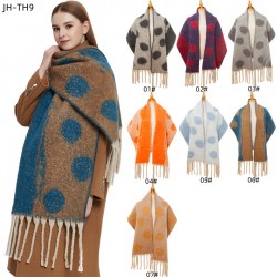 New foreign trade scarf for autumn and winter in Europe and America, thickened looped gauze, jacquard, thick tassels and color-blocked large polka dots
