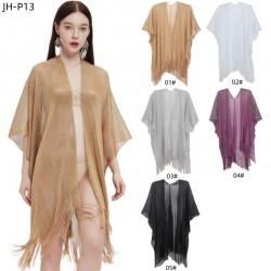 Cross-border hot foreign trade European and American new style cuff gold and silver thread tassel cape for women solid color summer transparent thin shawl