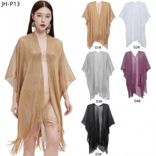 Cross-border hot foreign trade European and American new style cuff gold and silver thread tassel cape for women solid color summer transparent thin shawl