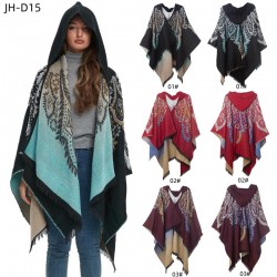 Amazon's hot foreign trade European and American spring and winter new peacock jacquard black and blue imitation cashmere hooded cape shawl