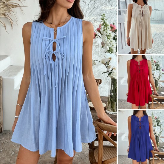 Di Yun's 2025 Spring/Summer cross-border European and American casual vacation style solid color, pleated sleeveless mini dress for children