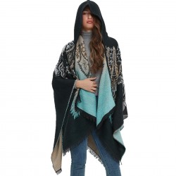 Amazon's hot foreign trade European and American spring and winter new peacock jacquard black and blue imitation cashmere hooded cape shawl