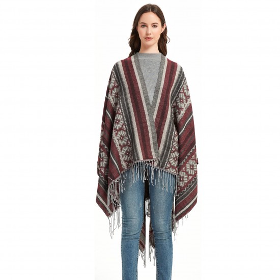 Factory direct supply of geometric jacquard ethnic style travel split tassel shawls and women's capes for spring, autumn and winter in Europe and America