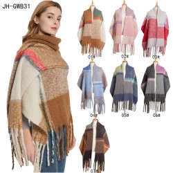 A new and popular European and American autumn and winter scarf and shawl with looped yarn imitation mohair and a checkered thick tassel pattern