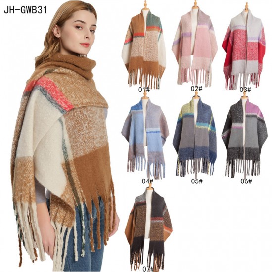 A new and popular European and American autumn and winter scarf and shawl with looped yarn imitation mohair and a checkered thick tassel pattern A new and popular European and American autumn and winter scarf and shawl with looped yarn imitation mohair and a checkered thick tassel pattern