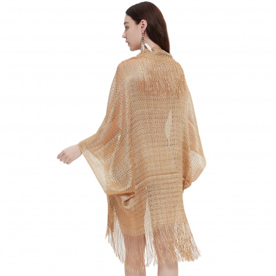 This is a new summer sunshade and sun protection cape from Europe and America. It is a golden, hollowed-out thin sleeve tassel shawl for women This is a new summer sunshade and sun protection cape from Europe and America. It is a golden, hollowed-out thin sleeve tassel shawl for women