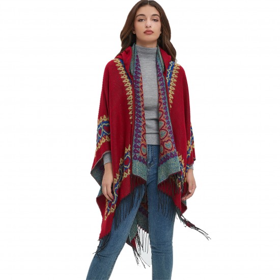 New cross-border trade shawl, European and American spring, autumn and winter cape, ethnic style, heart-shaped red tassel hooded cape