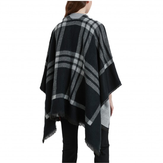 New European and American autumn and winter faux cashmere black and white checkered leather button-split shawl for women's capes manufacturer
